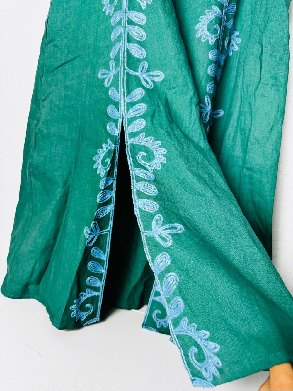 March 11 Dress Womens Large Green Floral Embroidered Linen Maxi Annabell - Picture 8 of 14